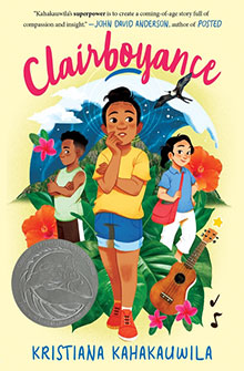 Illustrated cover of "Clairboyance" with three kids, tropical plants, a ukulele, and a silver award medal.