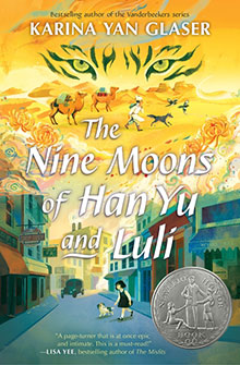 Book cover of "The Nine Moons of Han Yu and Luli" showing two children walking in a vibrant, colorful town.