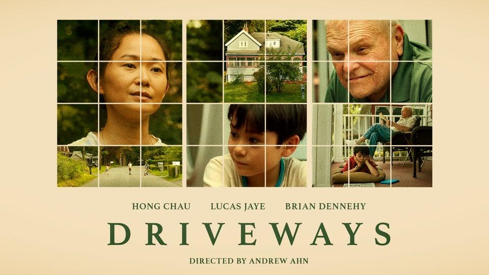 Movie poster for "Driveways" shows three characters, a child, and a house, divided into grid-like squares.