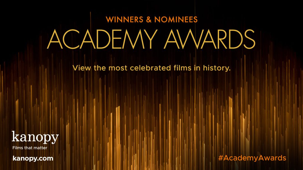 Golden pattern background with text: "Winners & Nominees Academy Awards. View the most celebrated films in history. #AcademyAwards.