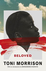 Cover of "Beloved" by Toni Morrison, featuring a side profile of a person's face with red brush strokes behind them.