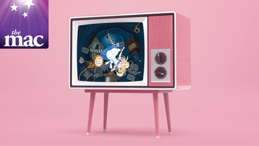 A retro pink TV displays Alice falling down a rabbit hole; "the mac" logo appears in the top left corner.