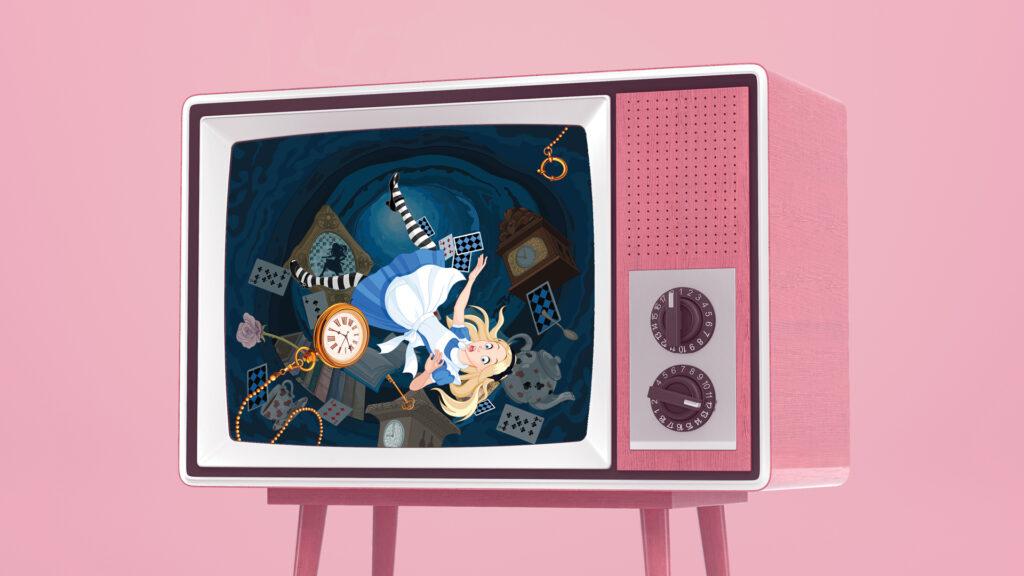 Alice falling down a rabbit hole is displayed on a vintage pink television with a blue background.