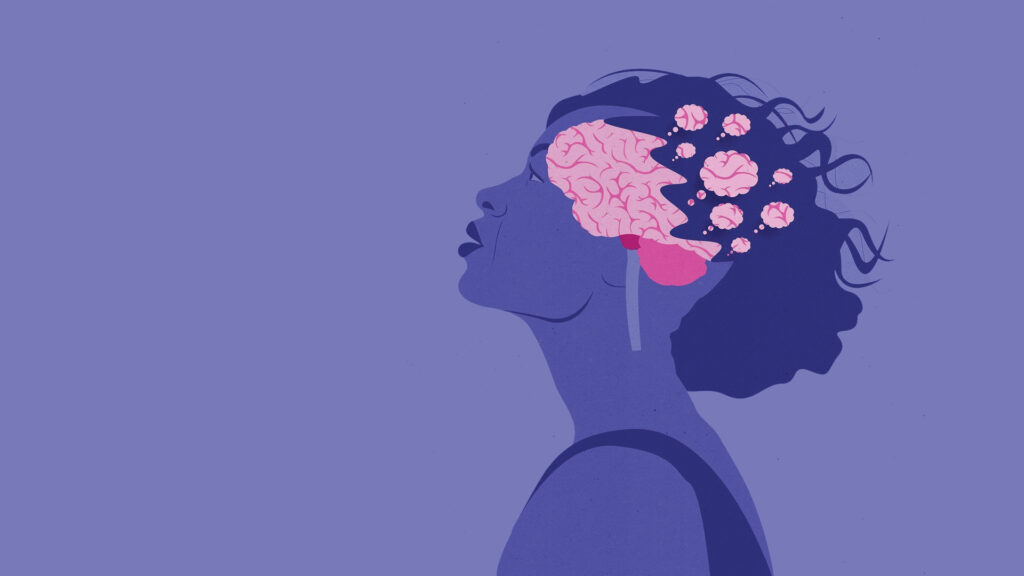 A woman’s silhouette with a visible brain and flowers blooming from it, on a purple background.