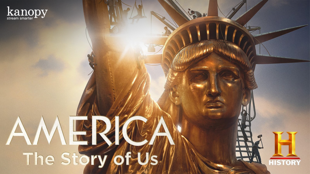 Close-up of the Statue of Liberty with "America: The Story of Us" and History Channel logo in the foreground.