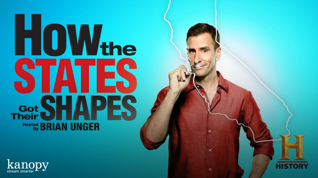 A man in a red shirt stands next to the text "How the States Got Their Shapes" on a blue background.