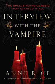 Cover of Anne Rice's "Interview with the Vampire" featuring dark background and three red candles.