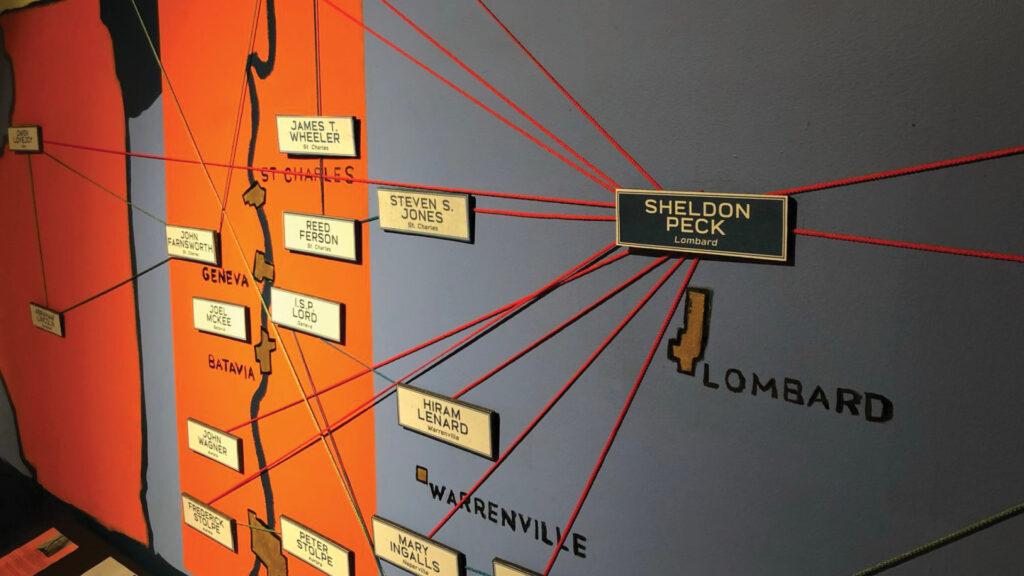 Map with names connected by red strings, focusing on "Sheldon Peck, Lombard" in the Lombard area.