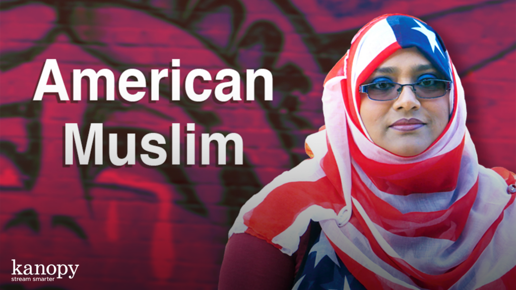 A woman in a stars-and-stripes hijab stands by "American Muslim" text on a red graffiti background.