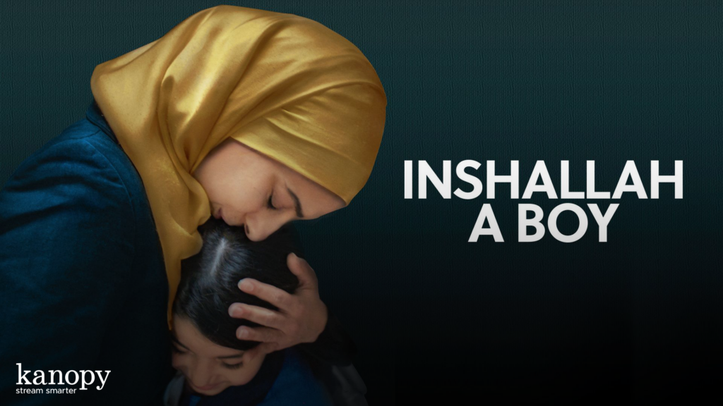 A woman in a yellow hijab hugs and kisses a child, with the text "INSHALLAH A BOY" beside them.