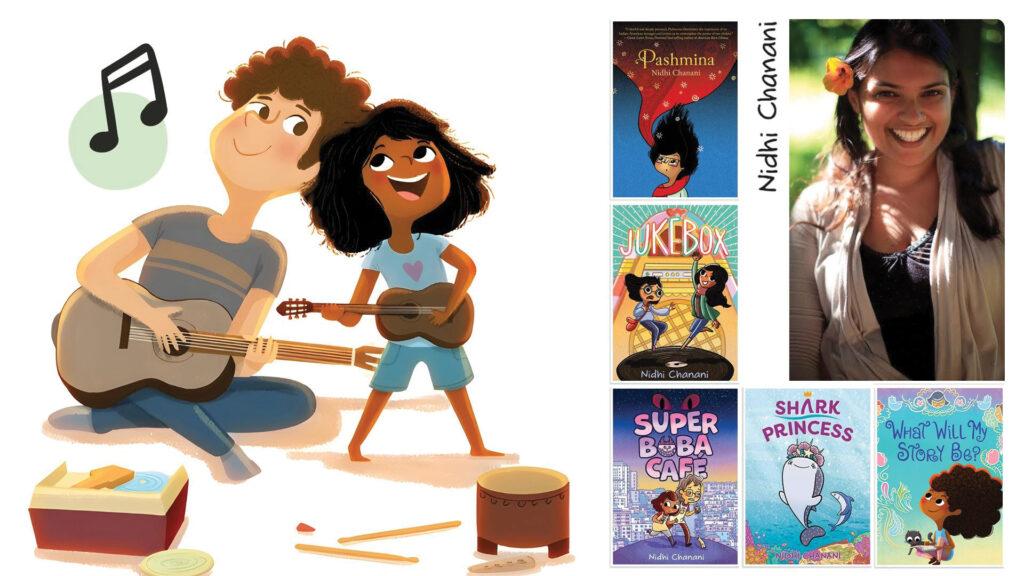 Illustrated duo playing instruments, person smiling, and five colorful book covers by Nidhi Chanani.