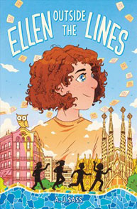 Cover of "Ellen Outside the Lines" by A.J. Sass, featuring a girl with red hair and various colorful buildings in the background.