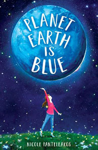 A girl in a red shirt reaches up toward a blue Earth with "Planet Earth is Blue" text on a starry background.