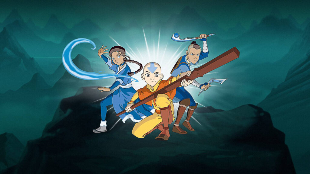 Three animated characters in warrior poses, one with a staff, another wielding water, and the third holding a boomerang.