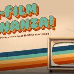 Retro TV with rainbow screen against vintage-style "B-Film Bonanza" text. Kanopy logo and hashtag #BFilmBonanza.