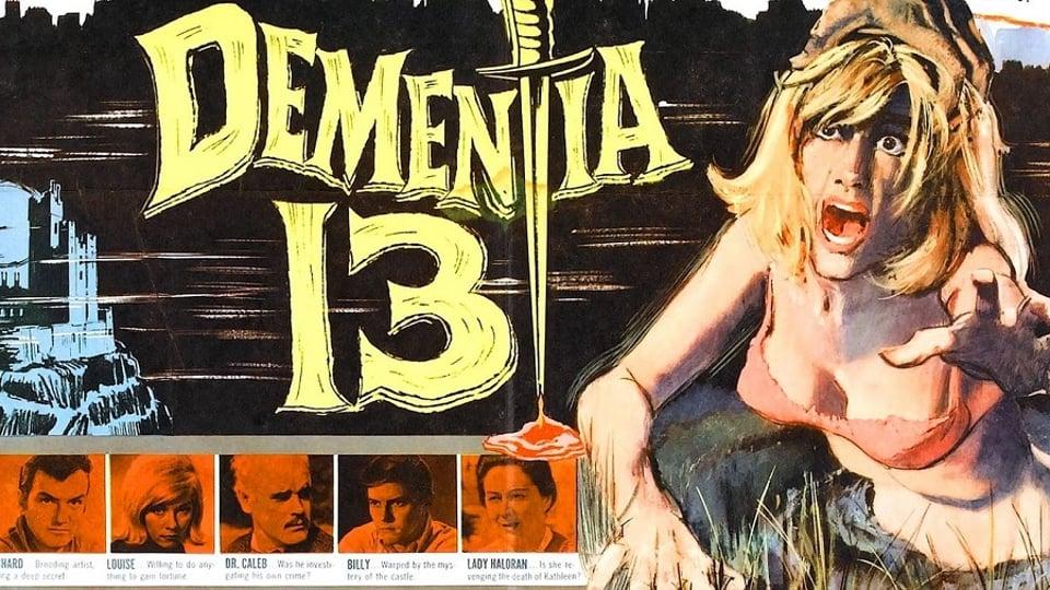 Retro horror movie poster with a screaming woman, a knife, and "Dementia 13" text.