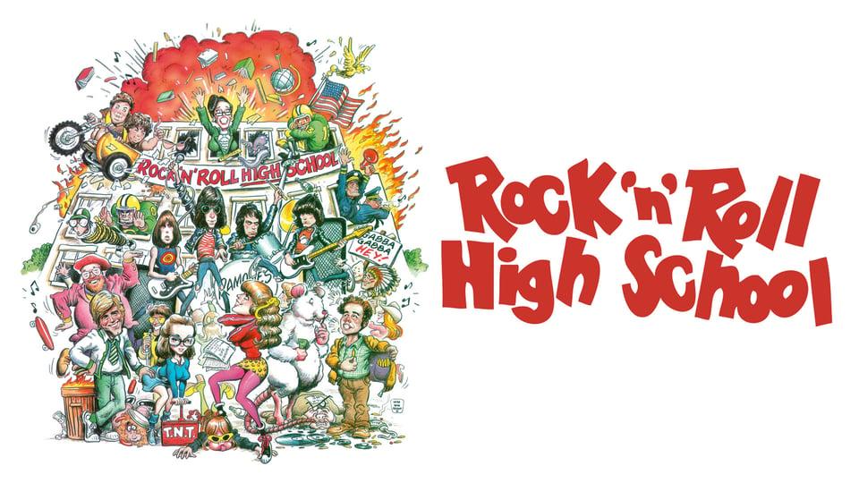 Cartoon chaos with band, students, and teachers surrounding a school bus; "Rock 'n' Roll High School" text on the side.