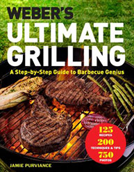 Cover of 'Weber's Ultimate Grilling' book, showing steaks and vegetables on a grill with lush green grass in the background.