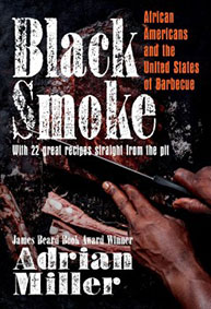 Cover of "Black Smoke" by Adrian Miller, featuring grilling tools and text highlighting African Americans in barbecue.