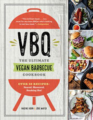 Cover of "VBQ: The Ultimate Vegan Barbecue Cookbook" featuring a grill design and photos of various vegan dishes.