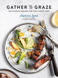 Cover of "Gather & Graze" cookbook with a plate of grilled ribs, vegetables, and a fork and knife on the side.