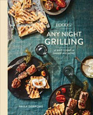 Cookbook cover: Grilled meat, flatbread, tomatoes, and dips on a blue tablecloth; text reads "Food52 Any Night Grilling.