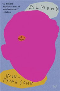 Book cover of "Almond" by Won-Pyung Sohn featuring a bright pink head silhouette on a light blue background.
