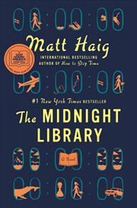 Cover of "The Midnight Library" by Matt Haig, dark background with text and small images of books and people in circles.