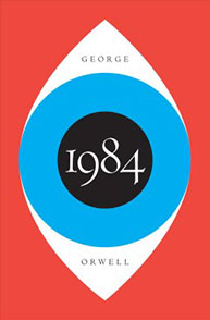 Cover of the book "1984" by George Orwell, featuring a red, blue, and white geometric design with the title in the center.