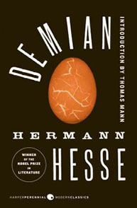 Cover of "Demian" by Hermann Hesse, features a cracked, orange egg on a brown background with text and awards.