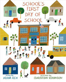 Illustrated book cover of "School's First Day of School" with children and teachers near a school building and colorful houses.