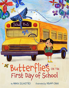 Illustration of a yellow school bus and a young girl holding a backpack, with butterflies above. Book title: "Butterflies on the First Day of School.