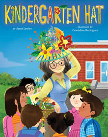 Kindergarten Hat" book cover: Woman in flower hat with kids around, building in background. Title in colorful letters.