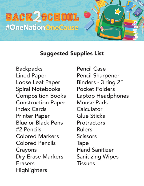 Back to school supply list with items like backpacks, pencils, markers, binders, and sanitizing wipes.