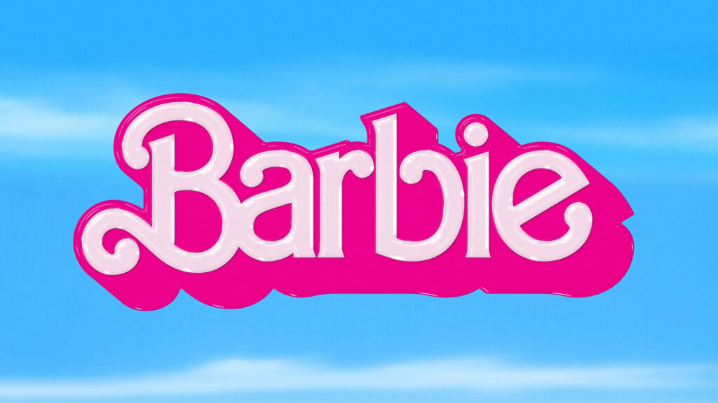 Pink "Barbie" logo with a blue sky background.