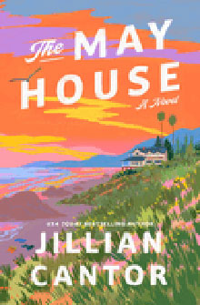Colorful sunset over ocean cliffs with a house, palm trees, and "The May House" by Jillian Cantor on the cover.
