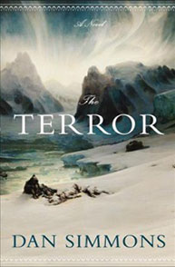 Cover of "The Terror" novel by Dan Simmons featuring icy landscape with mountains and aurora in the sky.