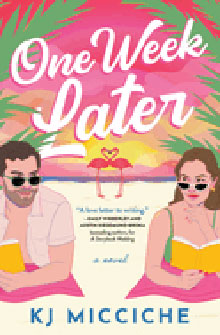 Illustration of a man and woman reading on a beach with palm trees, sunset, and "One Week Later" in bold text above.
