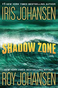 Book cover of "Shadow Zone" by Iris Johansen and Roy Johansen, featuring stormy ocean waves with bold yellow title text.