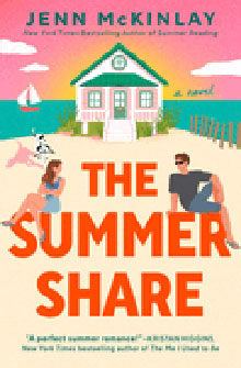 Illustration of a beach scene with a house, a woman, a man reading, and the title "The Summer Share.