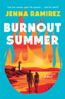 Book cover of "Burnout Summer" shows two people walking on a beach with flames and a lighthouse in the background.