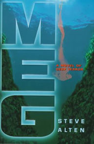 Book cover of "Meg: A Novel of Deep Terror" by Steve Alten, depicting a diver swimming between two underwater cliffs.