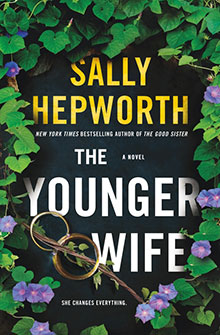 Book cover for “The Younger Wife” by Sally Hepworth, with vines, flowers, and two gold rings.