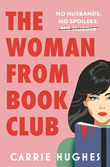 Book cover: “The Woman from Book Club” with a woman holding a book dripping blood; bold red text.