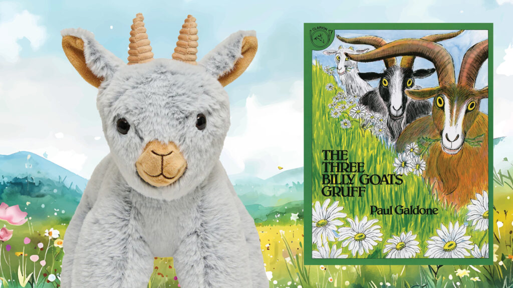 A plush goat toy next to the book "The Three Billy Goats Gruff" by Paul Galdone on a scenic background.