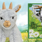 A plush goat toy next to the book "The Three Billy Goats Gruff" by Paul Galdone on a scenic background.