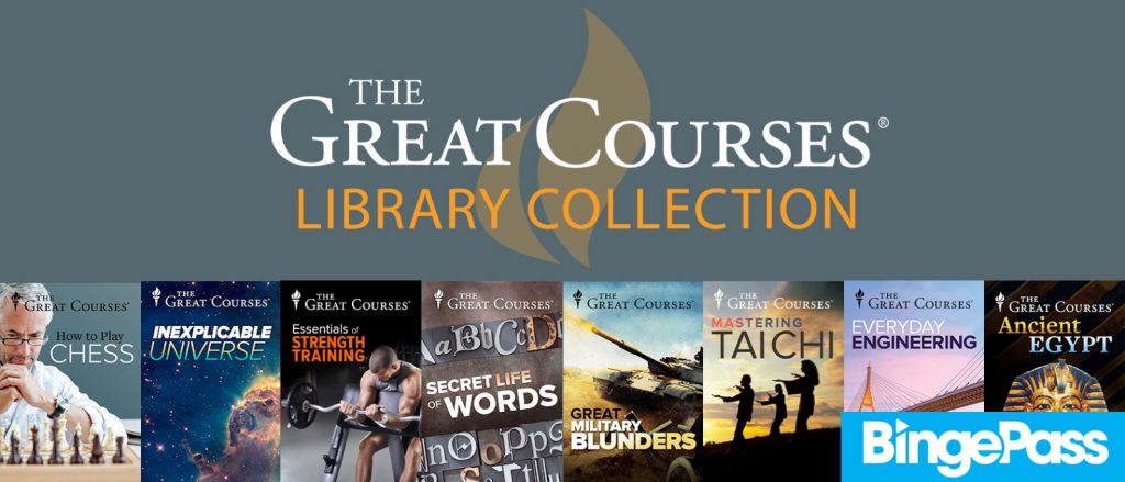 The Great Courses Library Collection banner with various course covers and BingePass logo below.