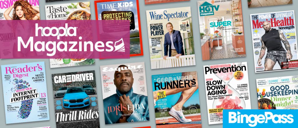 A collection of various magazine covers from Hoopla Magazines, including topics like fitness, lifestyle, and entertainment.