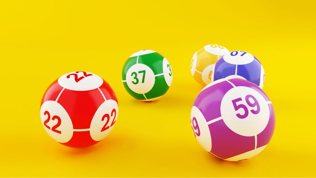 Colorful lottery balls with numbers 22, 37, 59, 68, and 07 on a yellow background.