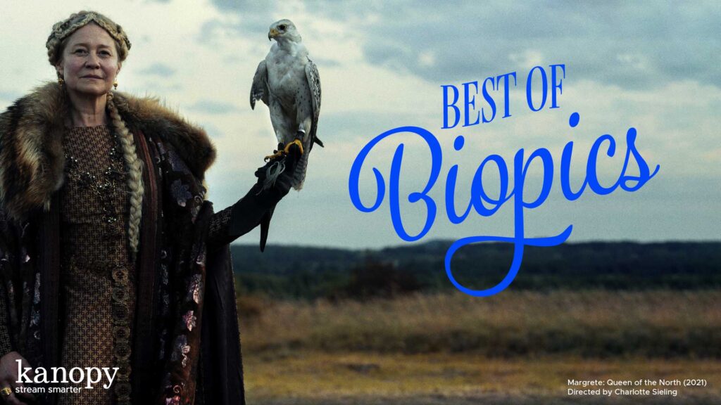 A woman in regal attire holds a falcon, with text reading "Best of Biopics" on a field background.